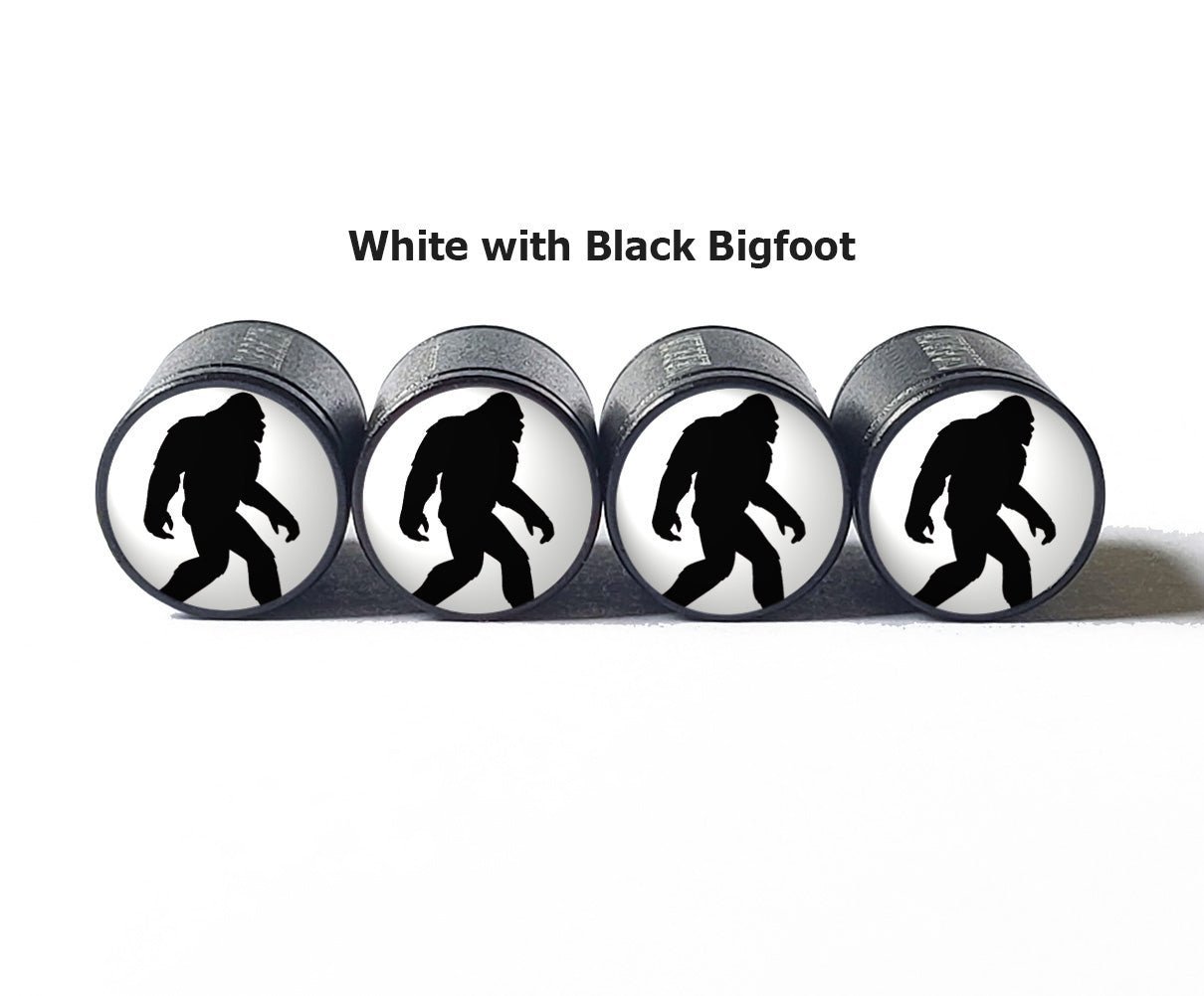 Bigfoot Sasquatch Walking Tire Valve Caps - Black Aluminum - Set of Four