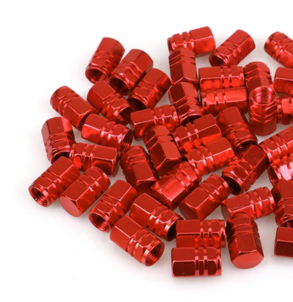 Red Hex Aluminum Tire Valve Caps - Universal, Fits on all Vehicles