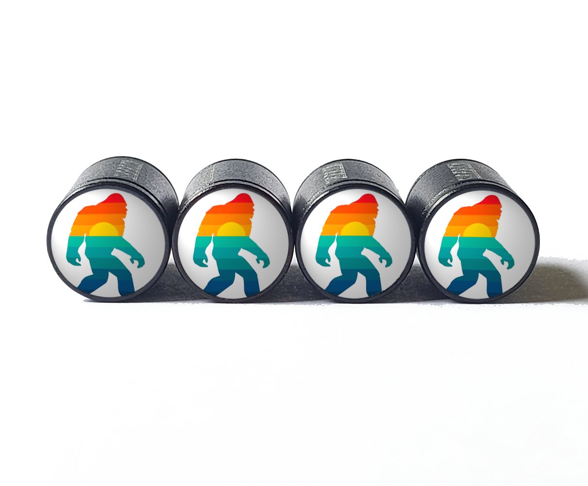 Bigfoot Sasquatch Vintage Rainbow Sunset Tire Valve Caps - Black Aluminum - Set of Four