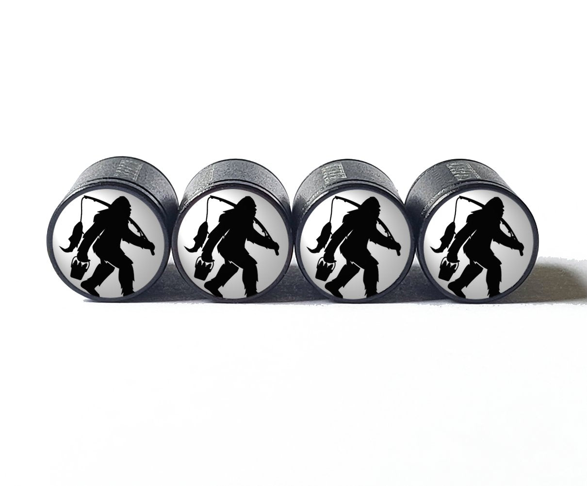 bigfoot with fishing pole Bigfoot Sasquatch with Fishing Pole Tire Valve Caps - Black Aluminum