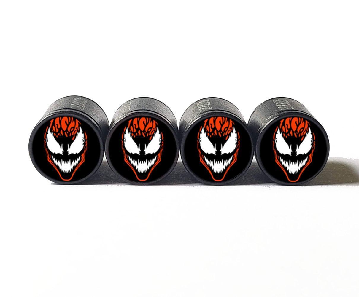 HKSS 4x Billet Aluminum Valve Stem Caps – Black Contrast Cut Knurled With Red Widow Spider Graphic