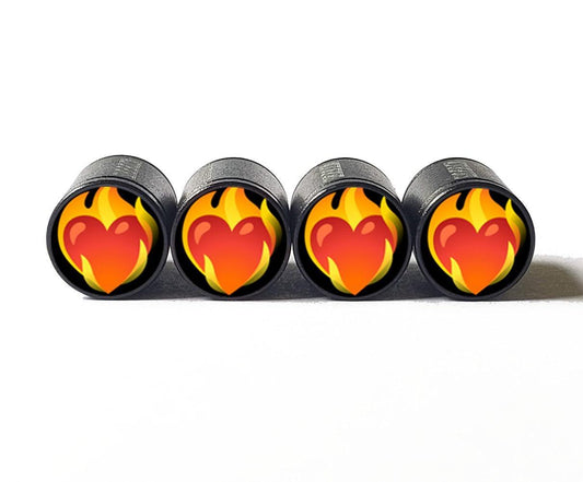 Heart on Fire Emoji Tire Valve Caps - Black Aluminum - Set of Four