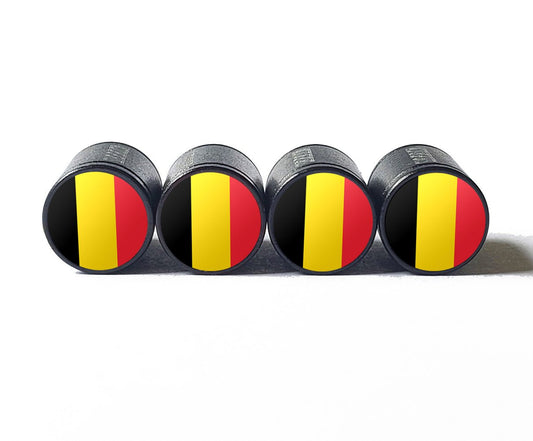 Belgium Flag Tire Valve Caps - Black Aluminum - Set of Four