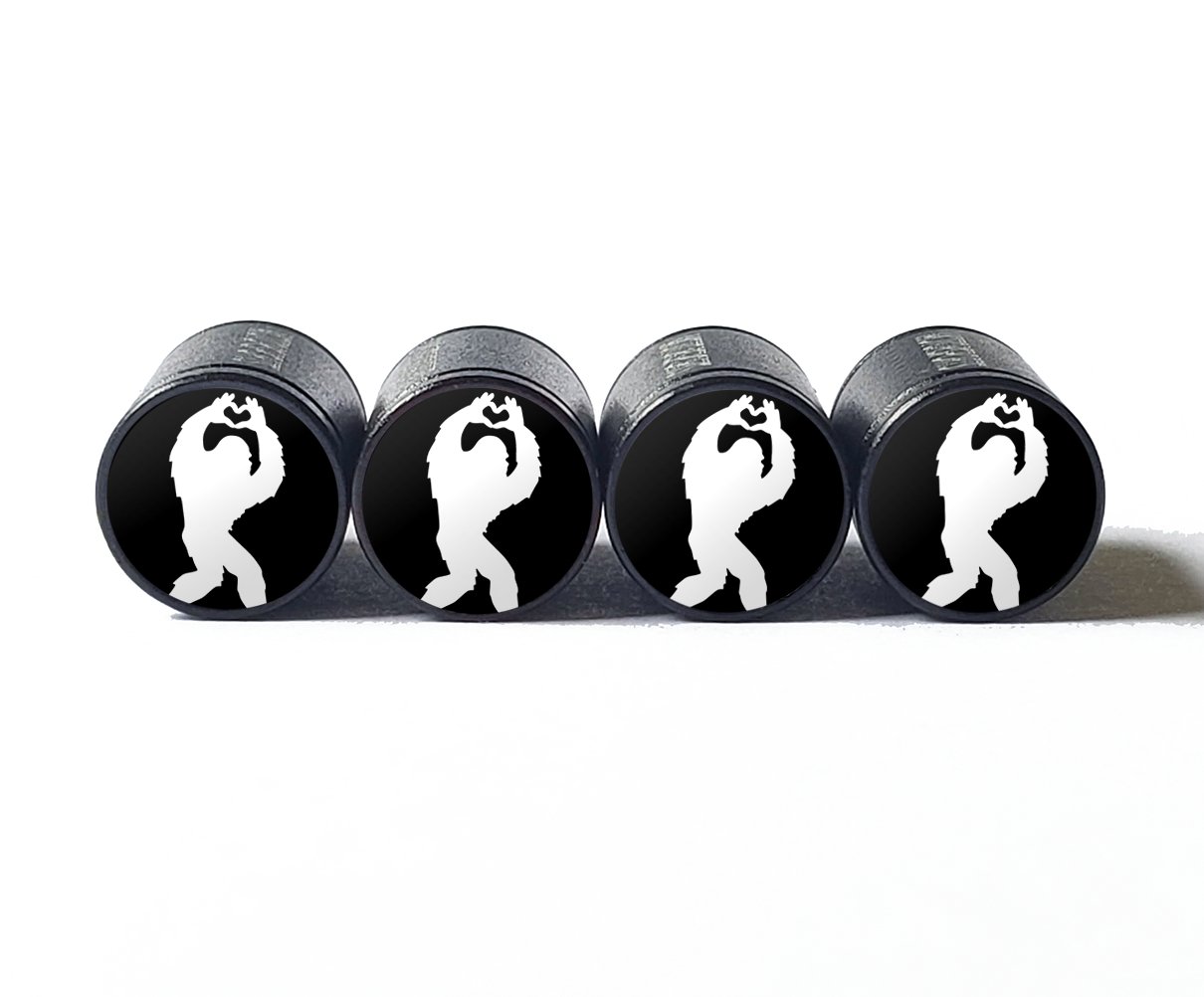 Bigfoot Sasquatch Heart Sign with Hands Tire Valve Caps - Black Aluminum - Set of Four