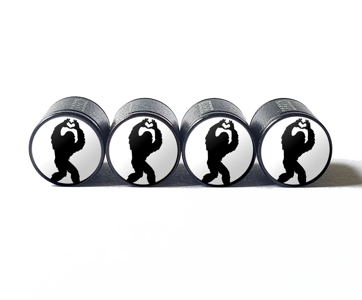 Bigfoot Sasquatch Heart Sign with Hands Tire Valve Caps - Black Aluminum - Set of Four