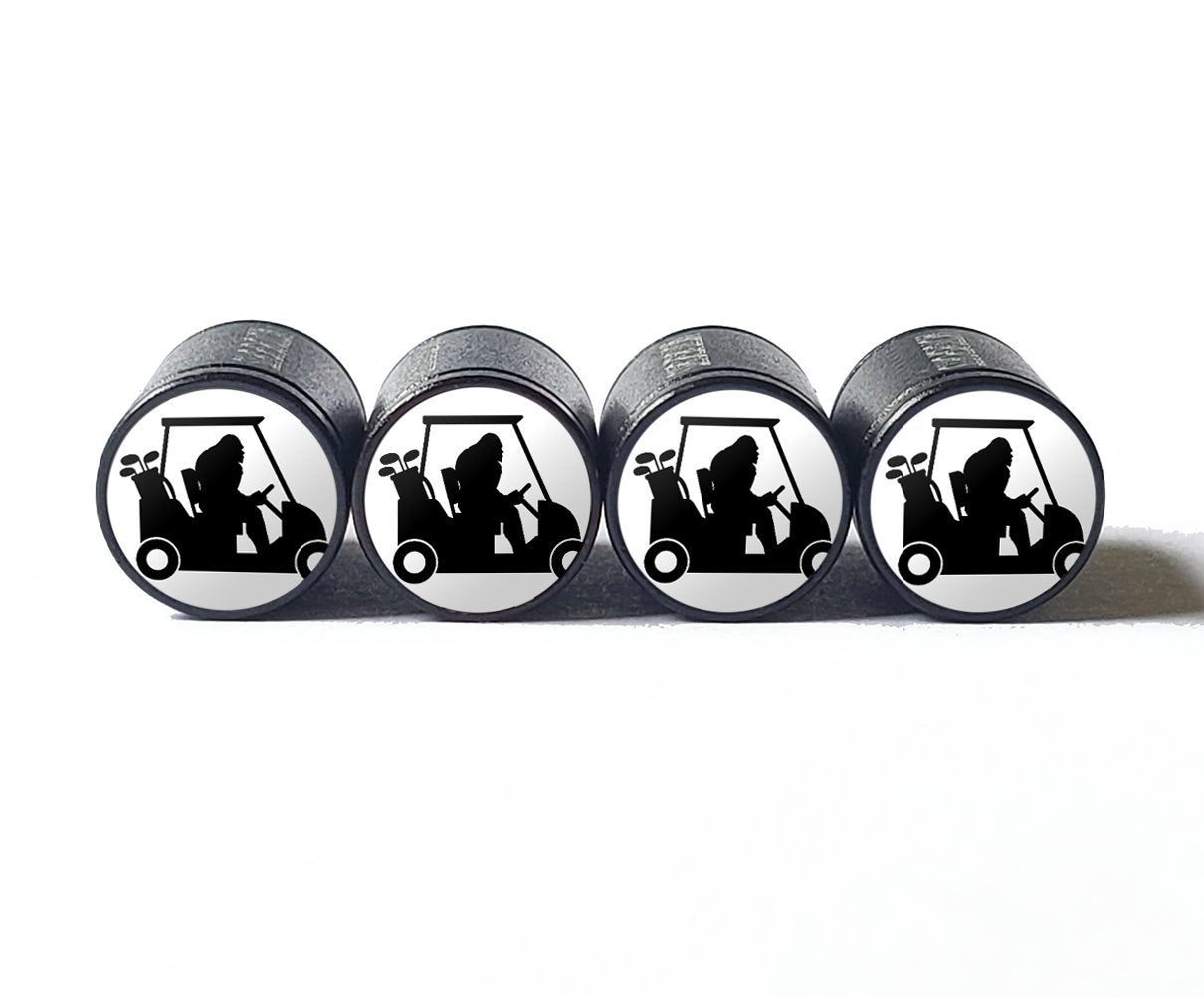 Bigfoot Sasquatch in a Golf Cart Tire Valve Caps - Black Aluminum - Set of Four