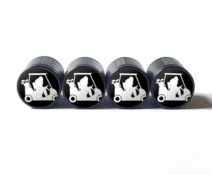 Bigfoot Sasquatch in a Golf Cart Tire Valve Caps - Black Aluminum - Set of Four