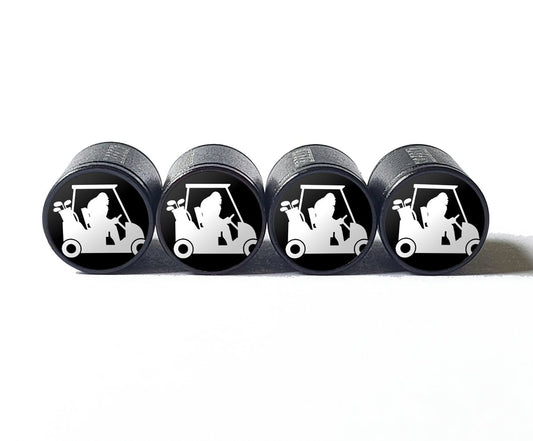 Bigfoot Sasquatch in a Golf Cart Tire Valve Caps - Black Aluminum - Set of Four