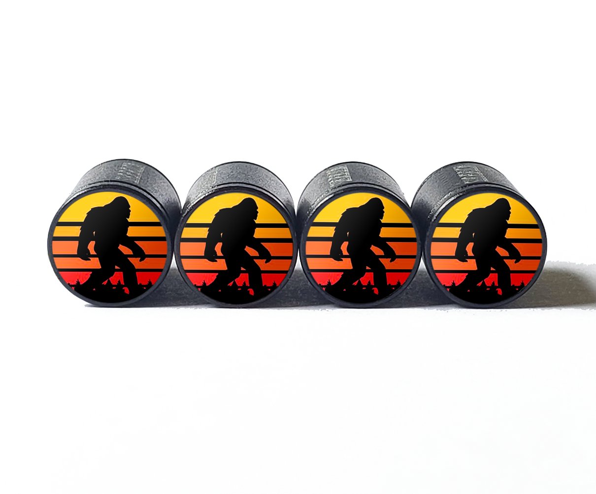 Bigfoot Sasquatch Retro Sunset Tire Valve Caps - Black Aluminum - Set of Four