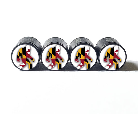 Bigfoot Sasquatch Shaped Maryland Flag Tire Valve Caps - Black Aluminum - Set of Four