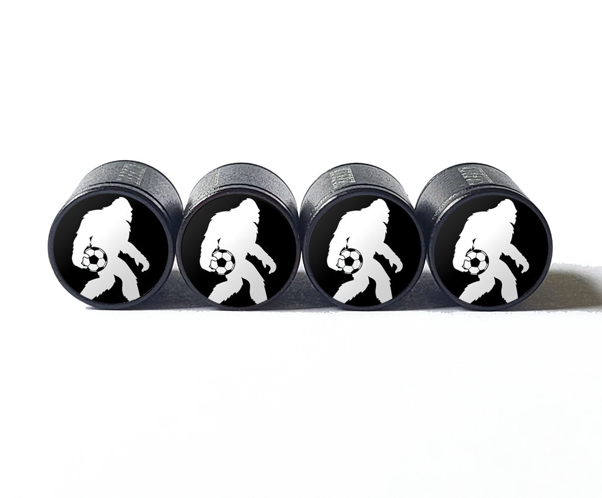 Bigfoot Sasquatch Soccer Athlete Tire Valve Caps - Black Aluminum - Set of Four