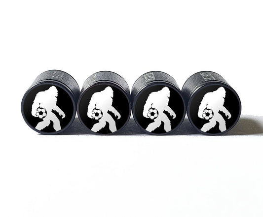 Bigfoot Sasquatch Soccer Athlete Tire Valve Caps - Black Aluminum - Set of Four