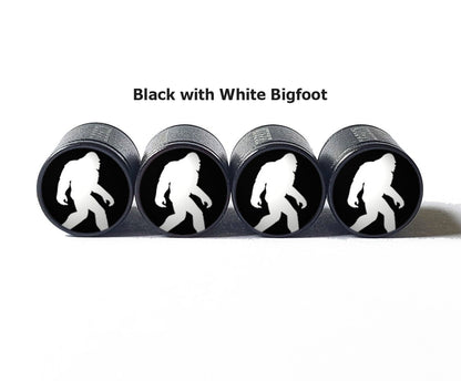 Bigfoot Sasquatch Walking Tire Valve Caps - Black Aluminum - Set of Four