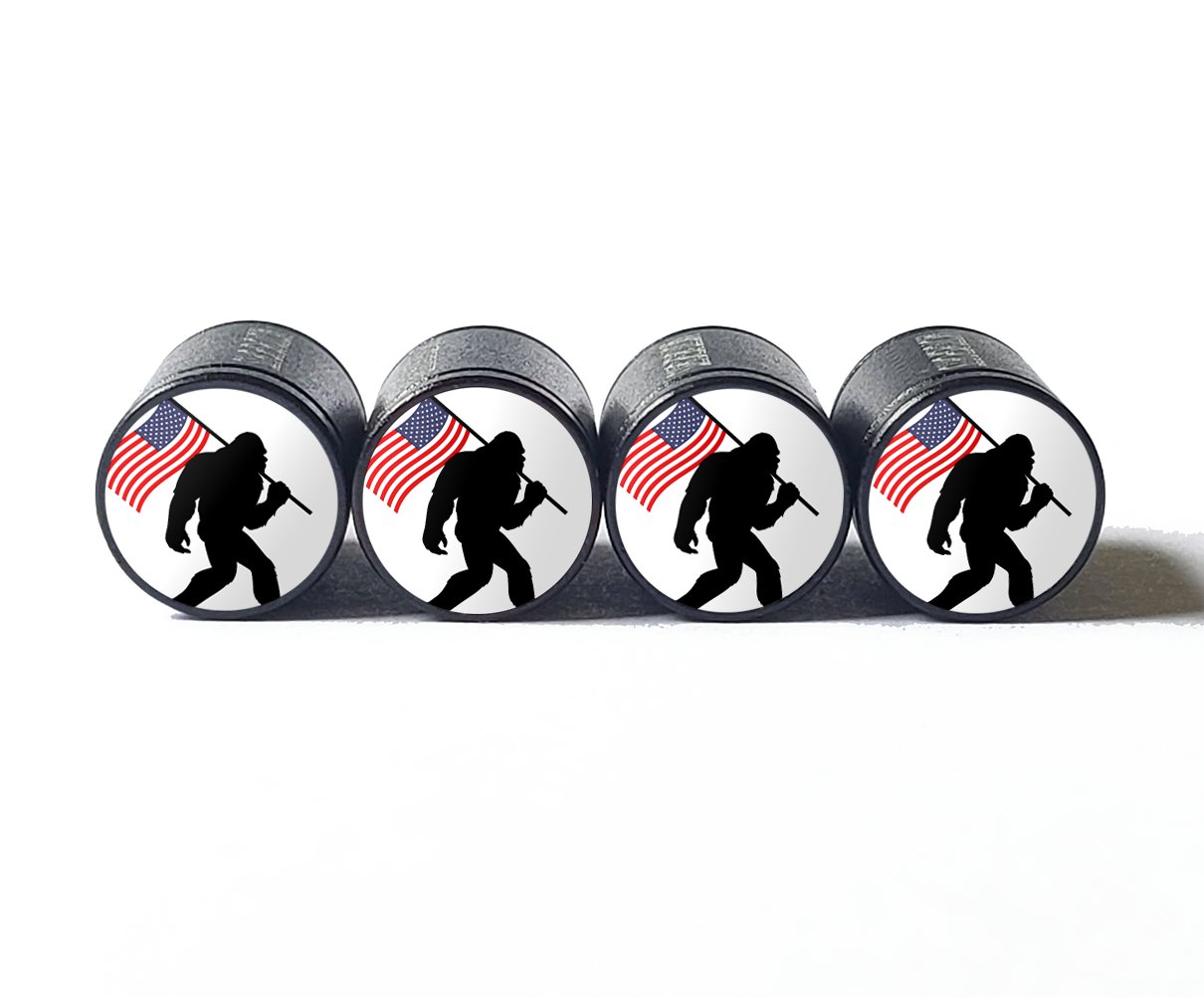 Bigfoot Sasquatch with Red, White, Blue USA Flag Tire Valve Caps - Black Aluminum - Set of Four