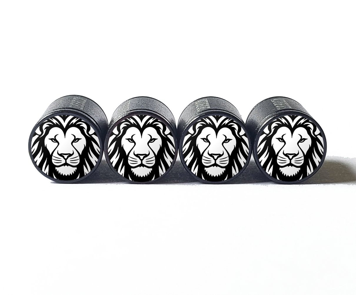 Black and White Lion's Head (Style 1) Tire Valve Caps - Black Aluminum - Set of Four