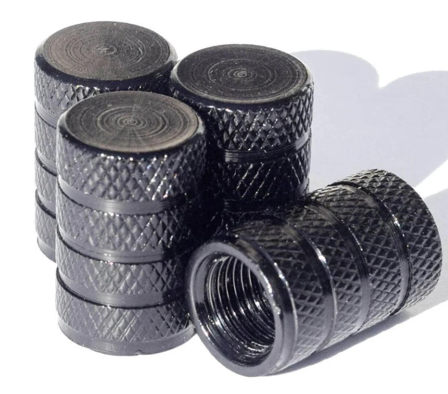 Black Barrel Aluminum Tire Valve Caps - Universal, Fits on all Vehicles