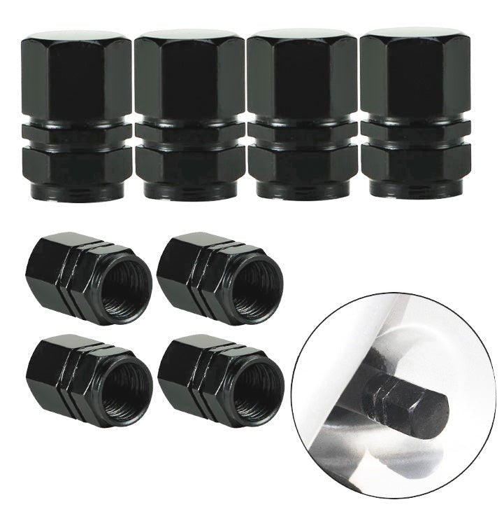 Black Hex Aluminum Tire Valve Caps - Universal, Fits on all Vehicles