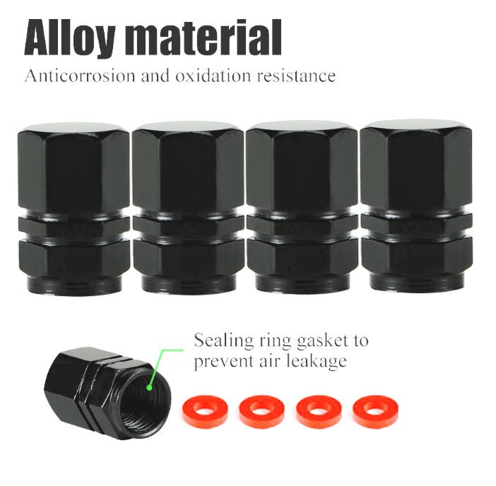 Black Hex Aluminum Tire Valve Caps - Universal, Fits on all Vehicles