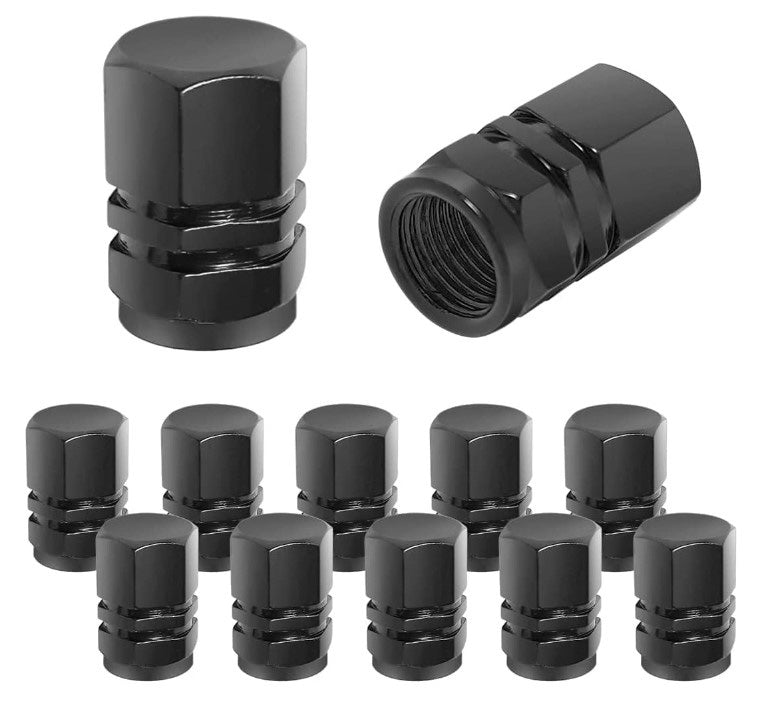 Black Hex Aluminum Tire Valve Caps - Universal, Fits on all Vehicles