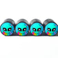 Blue Alien with Rainbow Rays Tire Valve Caps - Black Aluminum - Set of Four