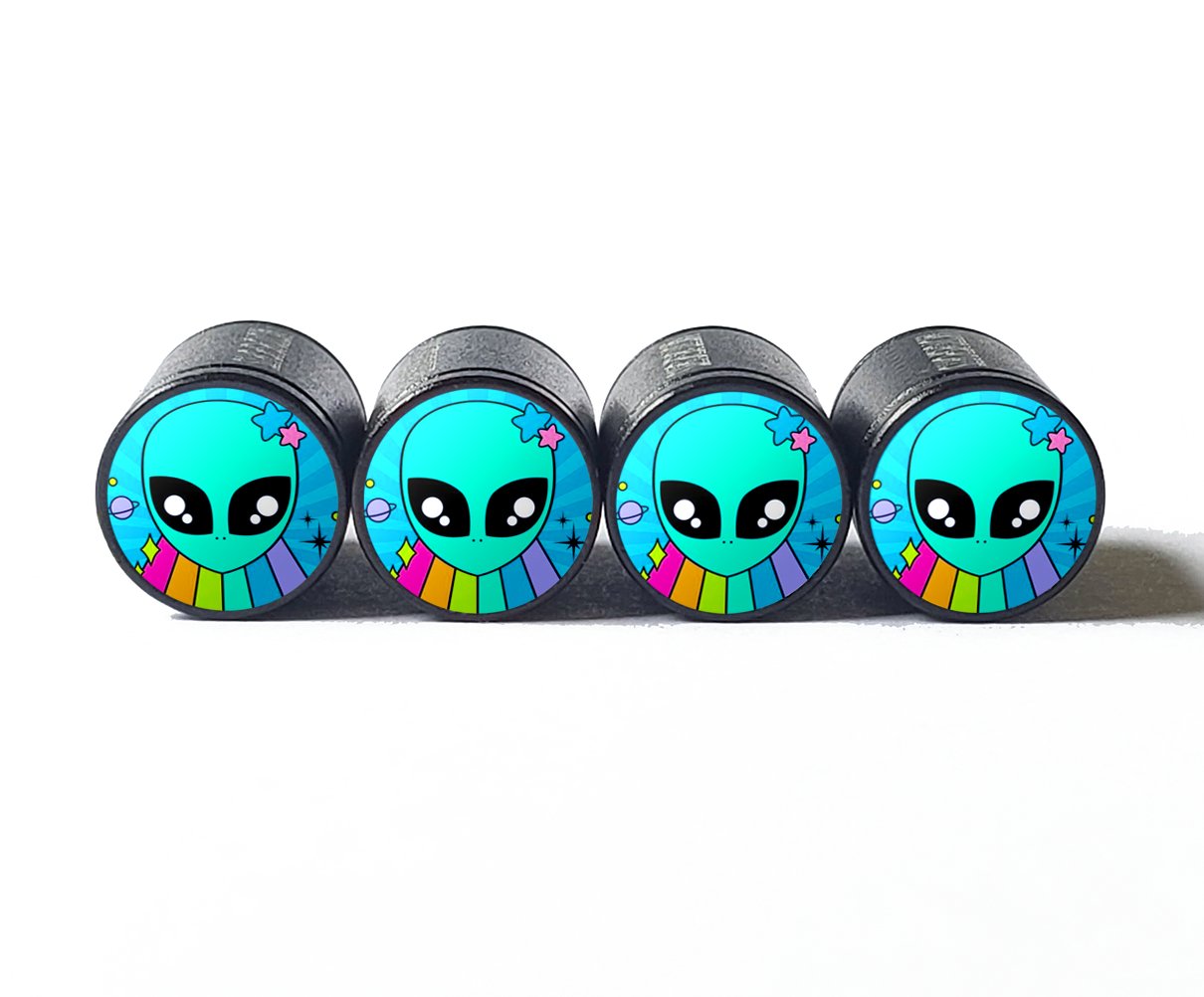 Blue Alien with Rainbow Rays Tire Valve Caps - Black Aluminum - Set of Four