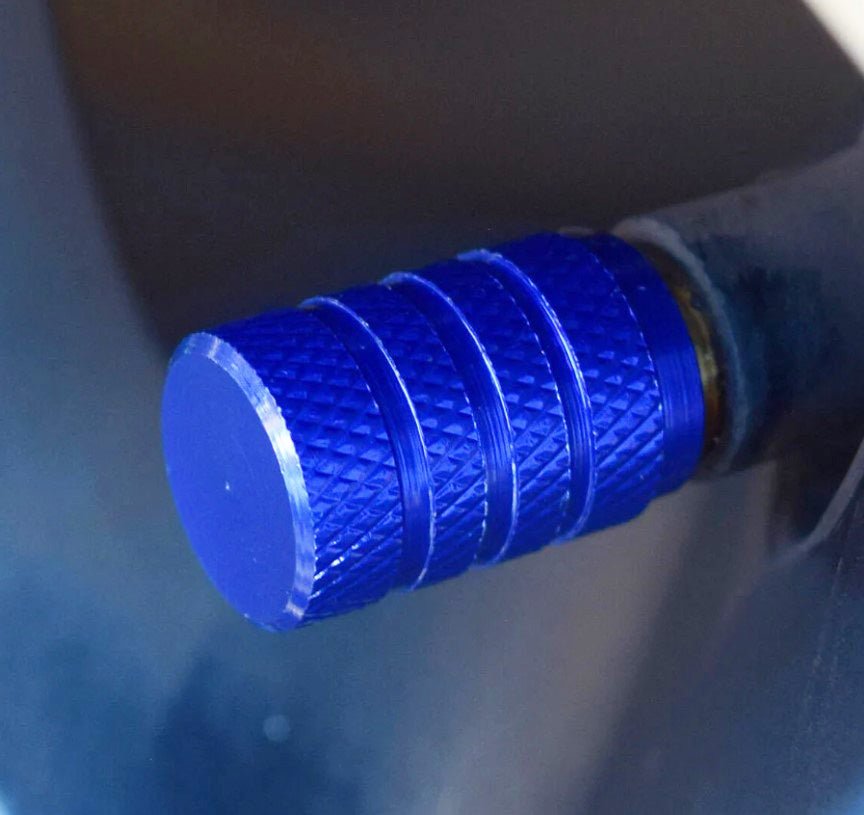 Blue Barrel Aluminum Tire Valve Caps - Universal, Fits on all Vehicles