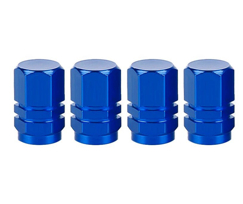 Blue Hex Aluminum Tire Valve Caps - Universal, Fits on all Vehicles