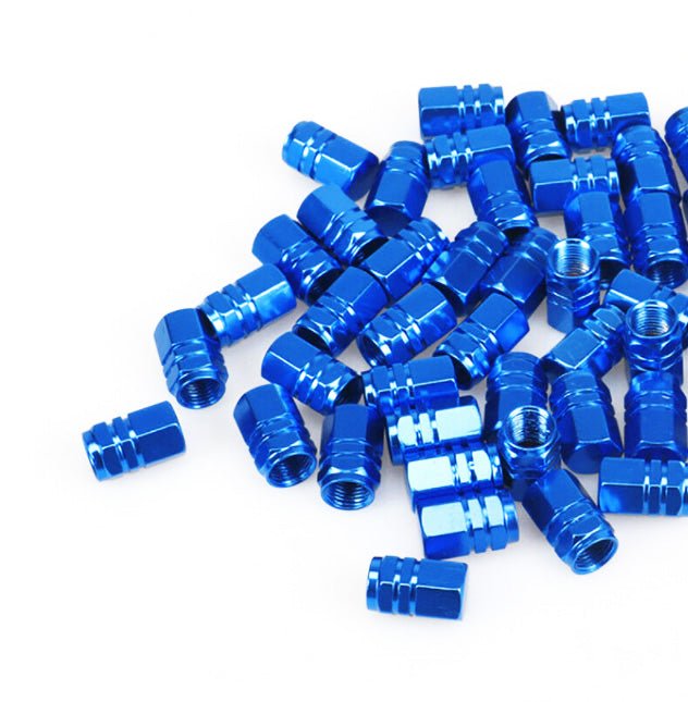 Blue Hex Aluminum Tire Valve Caps - Universal, Fits on all Vehicles