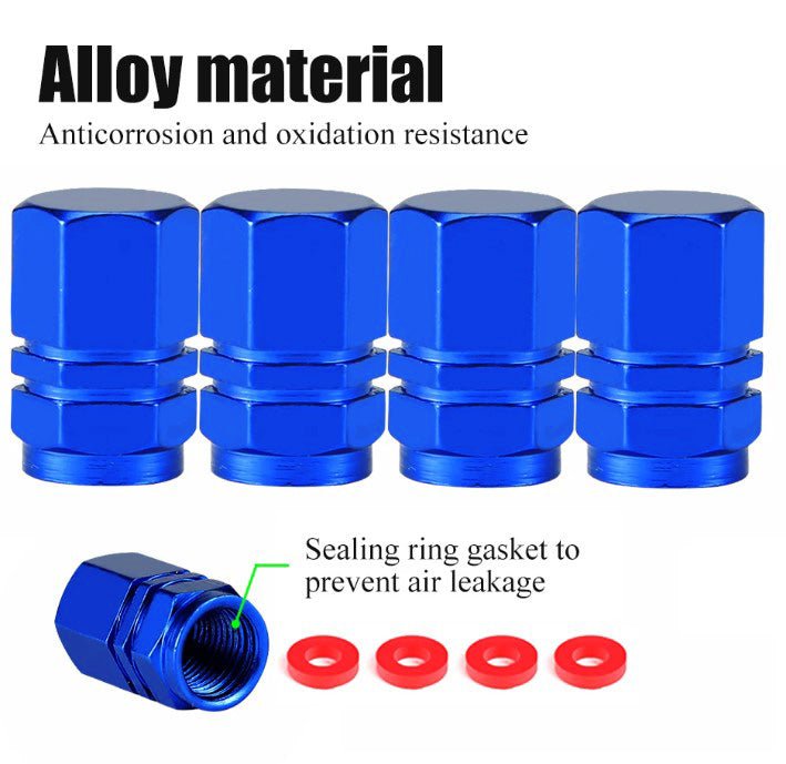 Blue Hex Aluminum Tire Valve Caps - Universal, Fits on all Vehicles