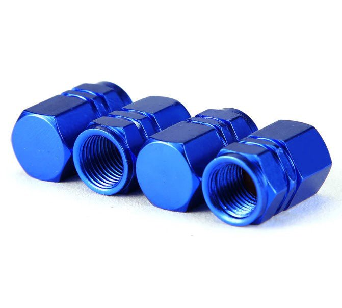 Blue Hex Aluminum Tire Valve Caps - Universal, Fits on all Vehicles