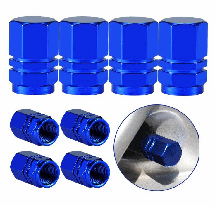 Blue Hex Aluminum Tire Valve Caps - Universal, Fits on all Vehicles