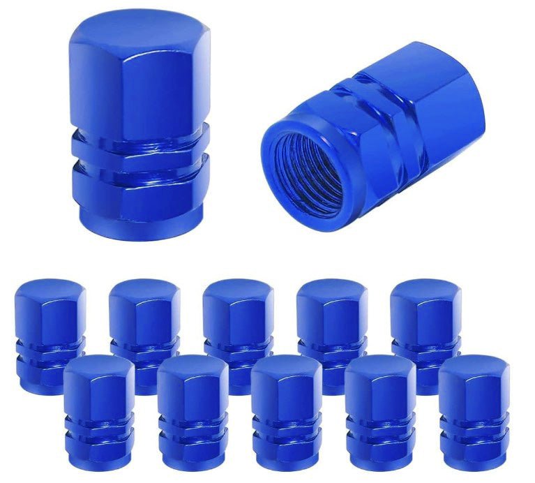 Blue Hex Aluminum Tire Valve Caps - Universal, Fits on all Vehicles