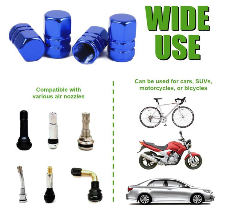 Blue Hex Aluminum Tire Valve Caps - Universal, Fits on all Vehicles