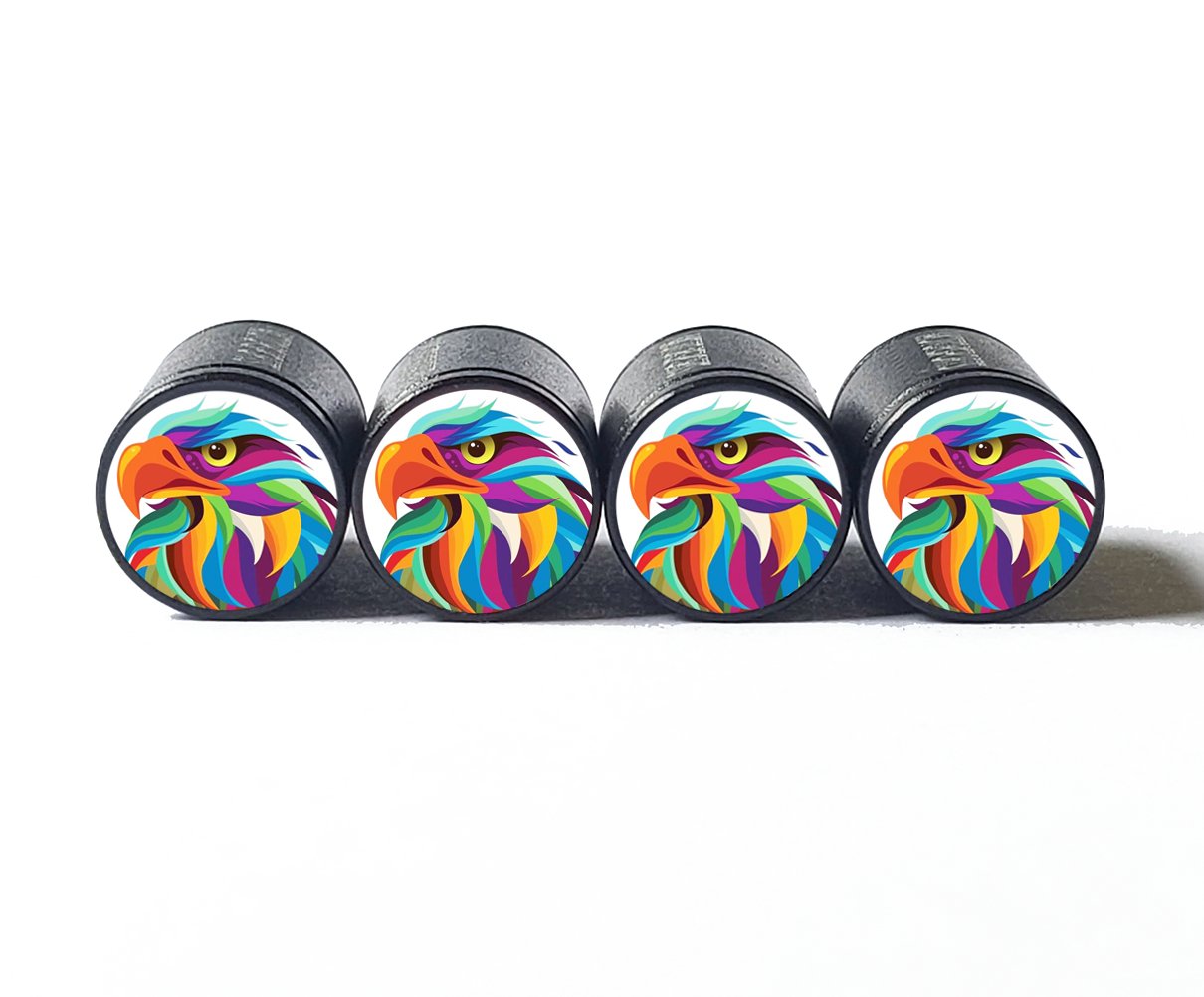 Colorful Eagle Head (Style 1) Tire Valve Caps - Black Aluminum - Set of Four