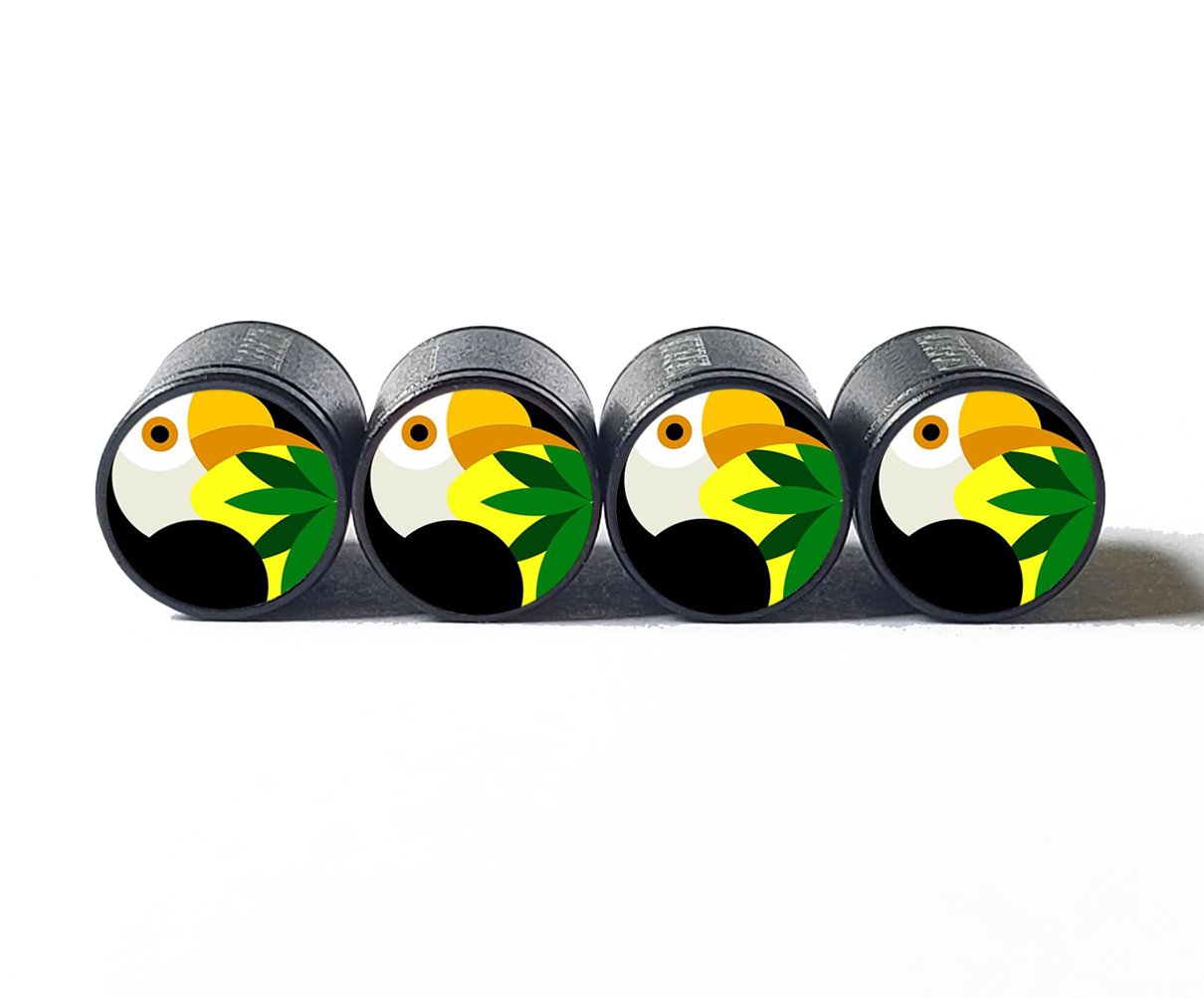 Colorful Toucan Bird Tire Valve Caps - Black Aluminum - Set of Four