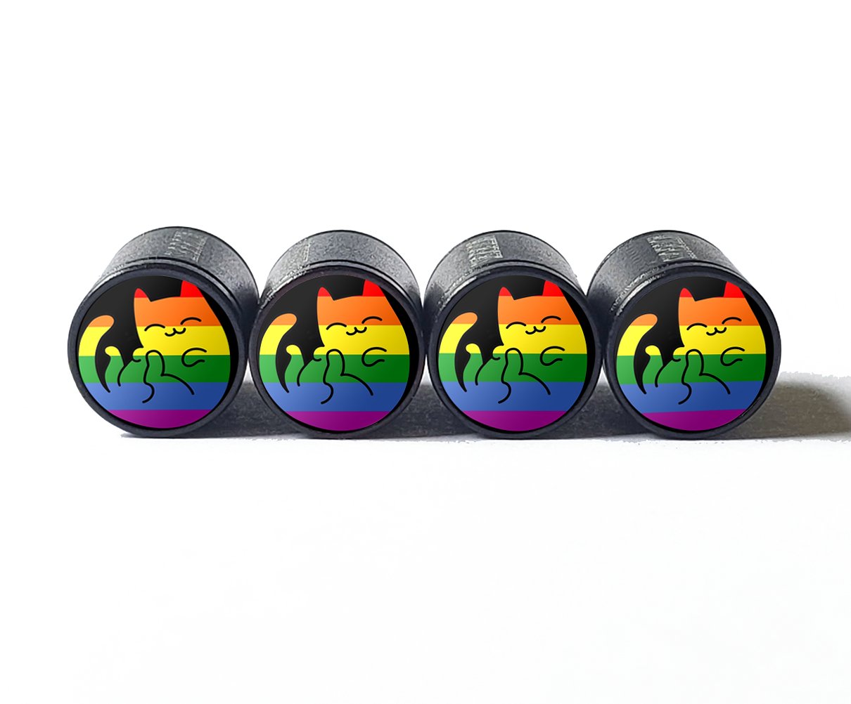 Cute Rainbow Cat Kitten Tire Valve Caps - Black Aluminum - Set of Four