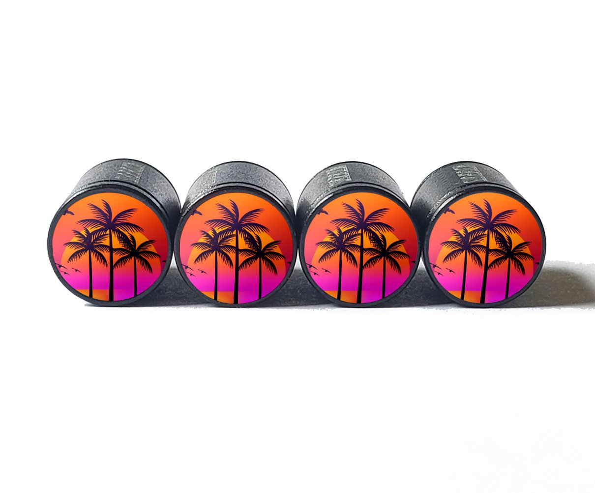 Exotic Beach Palm Tree (Style 19) Tire Valve Caps - Black Aluminum - Set of Four