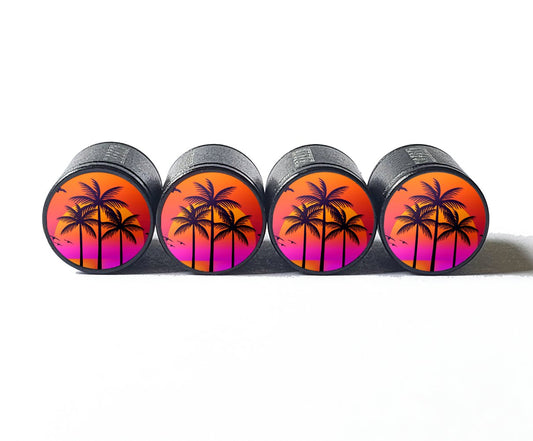 Exotic Beach Palm Tree (Style 19) Tire Valve Caps - Black Aluminum - Set of Four