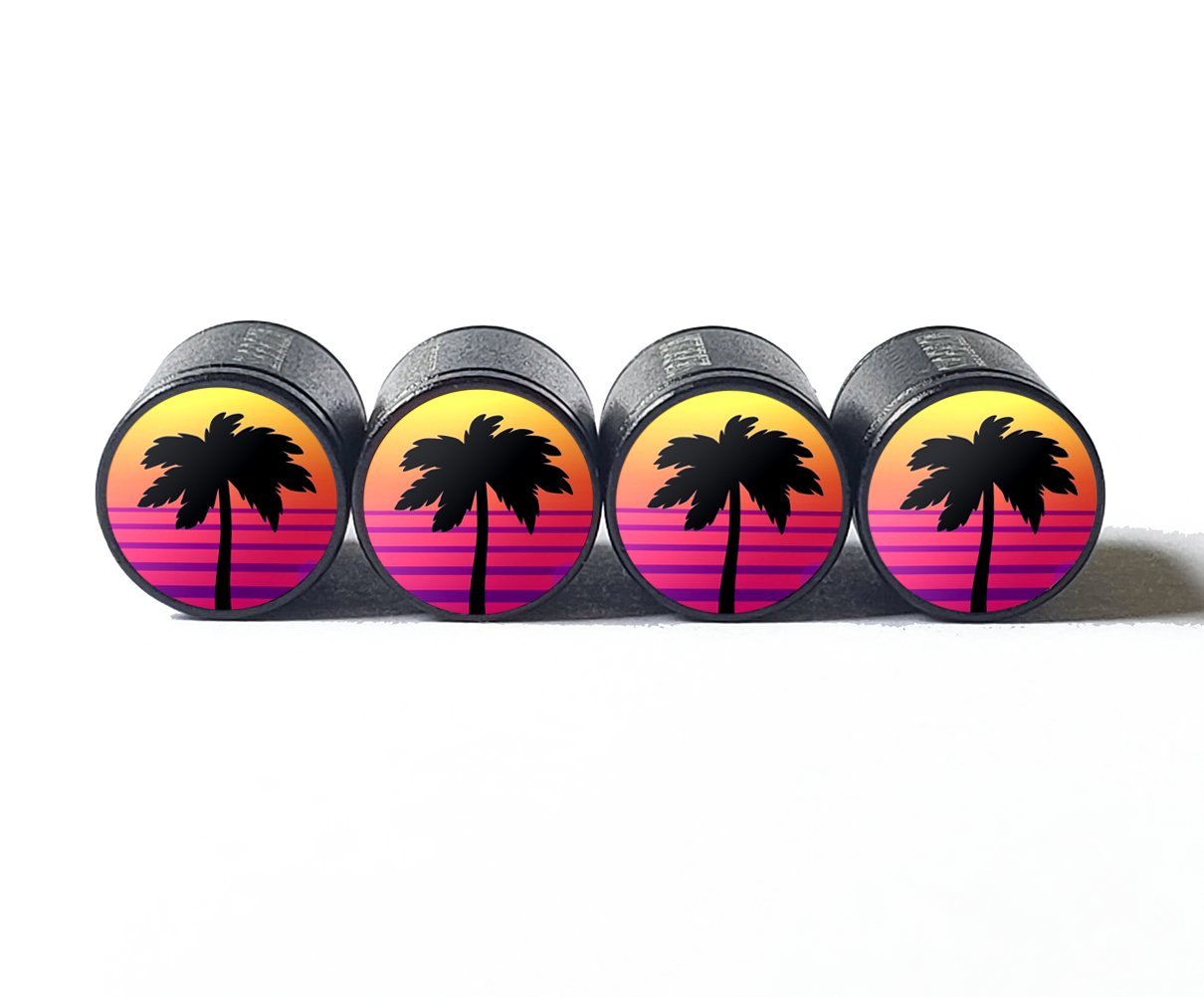 Exotic Beach Palm Trees (Style 16) Tire Valve Caps - Black Aluminum - Set of Four