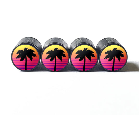 Exotic Beach Palm Trees (Style 16) Tire Valve Caps - Black Aluminum - Set of Four