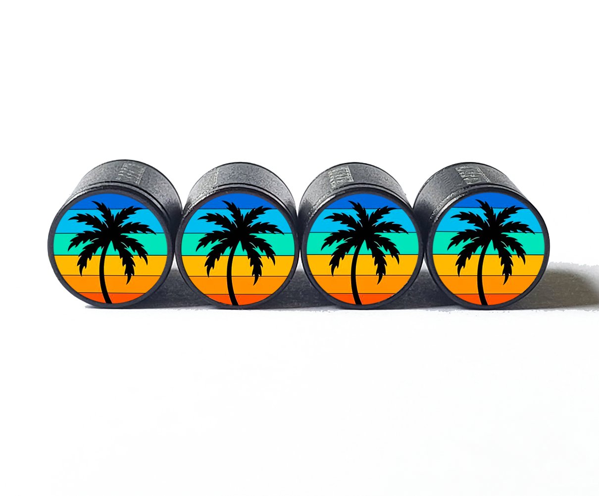 Exotic Beach Palm Trees (Style 20) Tire Valve Caps - Black Aluminum - Set of Four