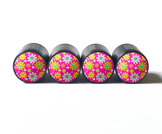 Flower Bouquet (Style 6) Tire Valve Caps - Black Aluminum - Set of Four