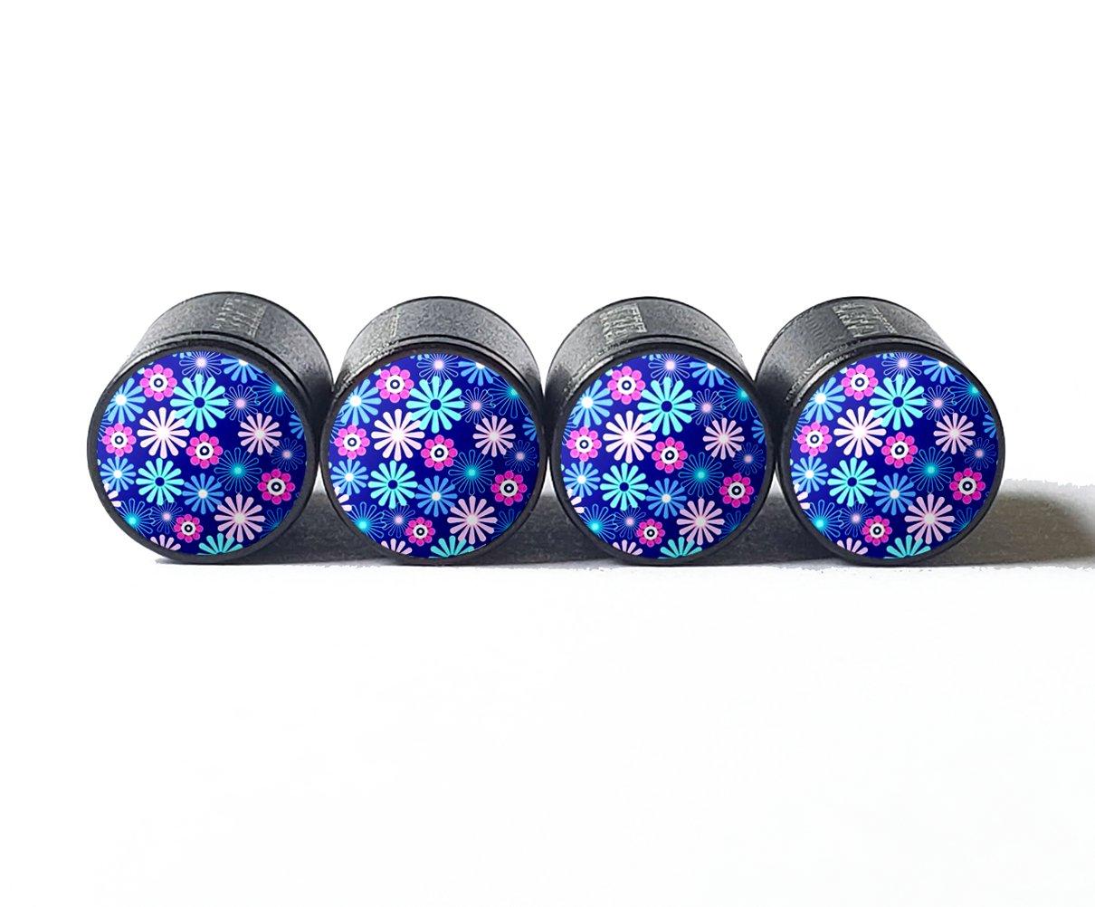 Flower Bouquet (Style 7) Tire Valve Caps - Black Aluminum - Set of Four