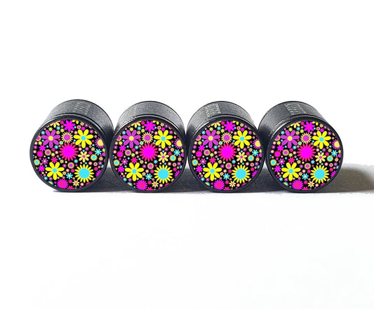 Flower Bouquet (Style 8) Tire Valve Caps - Black Aluminum - Set of Four