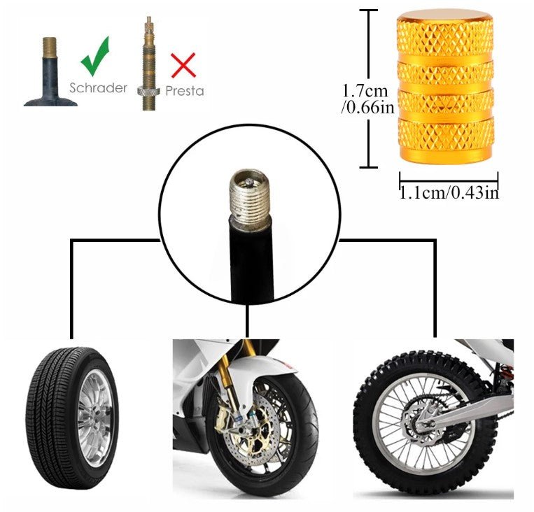 Gold Barrel Aluminum Tire Valve Caps - Universal, Fits on all Vehicles