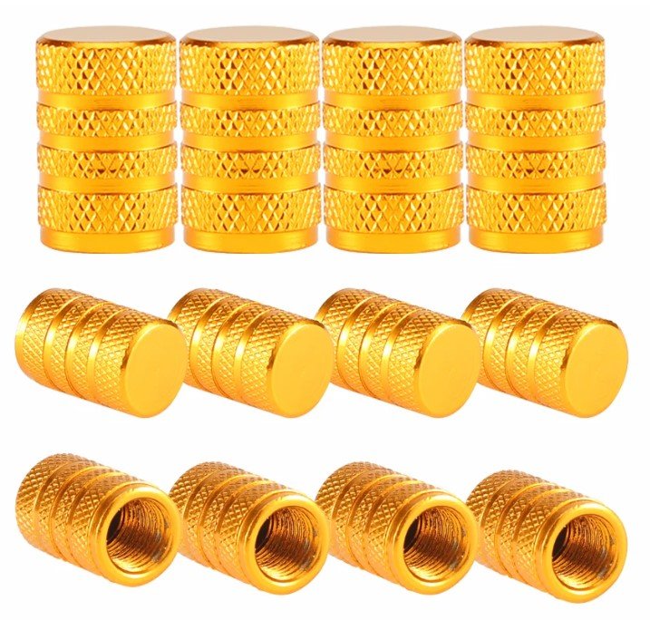 Gold Barrel Aluminum Tire Valve Caps - Universal, Fits on all Vehicles