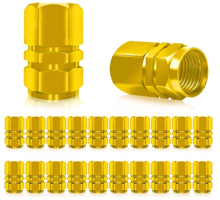 Gold Hex Aluminum Tire Valve Caps - Sets of 4, 8, 12 or 20 - Universal, Fits on all Vehicles