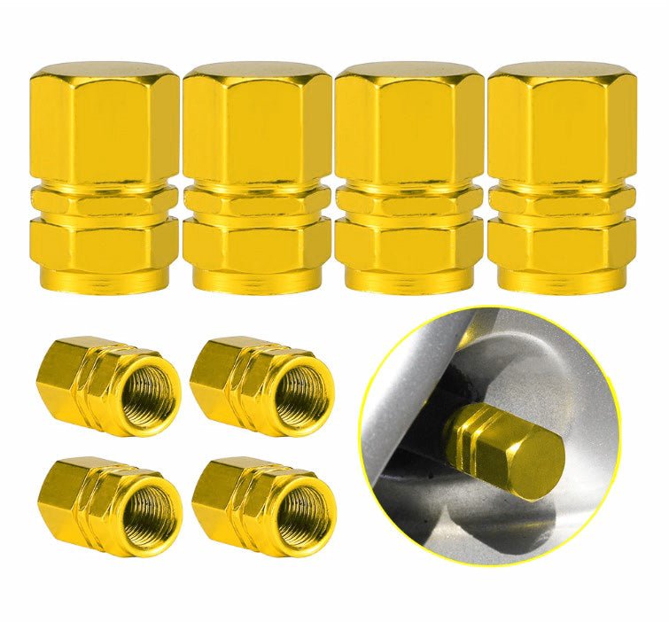 Gold Hex Aluminum Tire Valve Caps - Sets of 4, 8, 12 or 20 - Universal, Fits on all Vehicles