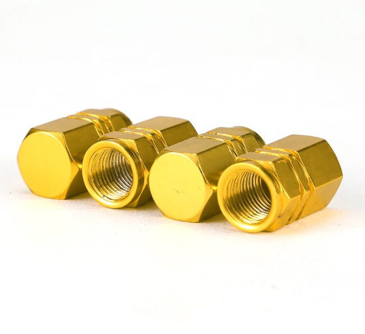 Gold Hex Aluminum Tire Valve Caps - Sets of 4, 8, 12 or 20 - Universal, Fits on all Vehicles