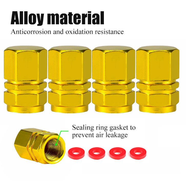 Gold Hex Aluminum Tire Valve Caps - Sets of 4, 8, 12 or 20 - Universal, Fits on all Vehicles